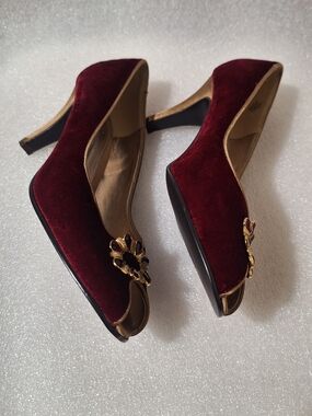 Women's Burgundy Velvet Peep-Toe Heels with Gold Accent